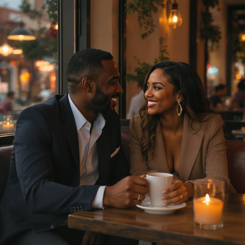Smiling couple enjoying a first date at a cozy café, making eye contact and building connection—real-life example of first date tips in action