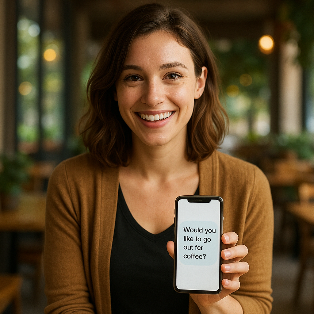 Person with open posture and warm smile holding a phone showing a date invite text—visualizing how to ask someone out confidently
