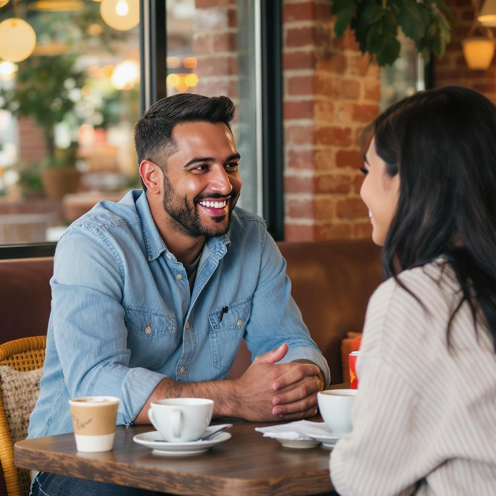 Confident person leaning in and smiling across a café table, exemplifying how to get a girlfriend through genuine connection.