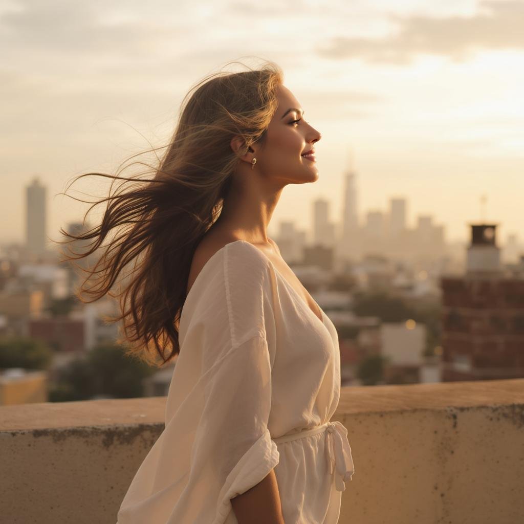 Confident woman standing on rooftop at sunset, symbolizing emotional healing and self-worth after a breakup