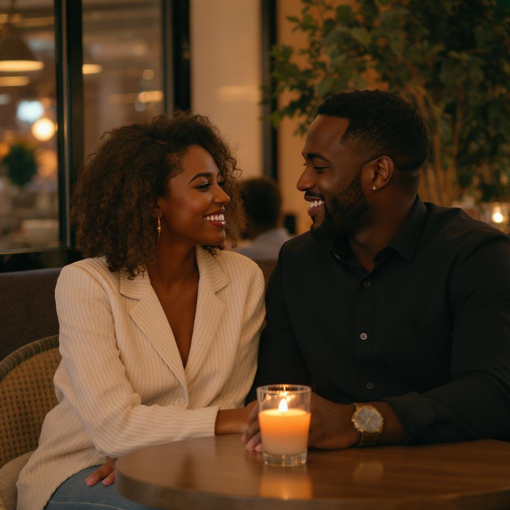 Confident couple enjoying a first date at a cozy café, smiling and connecting—real-life example of modern dating advice in action
