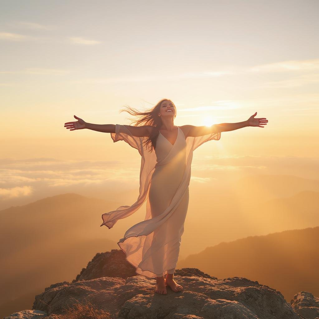 A confident woman standing on a mountain at sunrise, symbolizing personal growth, emotional strength, and building self-worth.