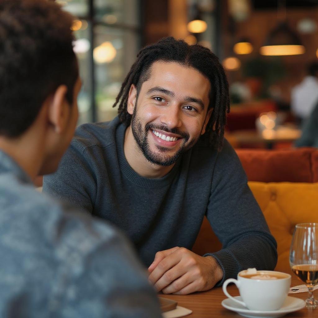 Person smiling and leaning in to make eye contact in a modern lounge setting—demonstrating how to flirt with confidence and build chemistry.