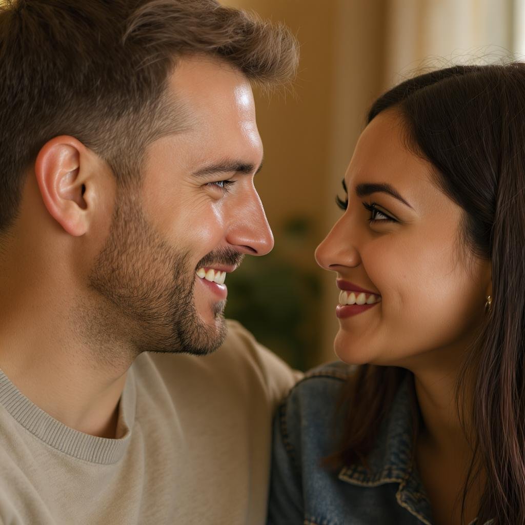 Person maintaining warm eye contact with another, showing subtle body mirroring and genuine smiles—clear signs someone likes you.