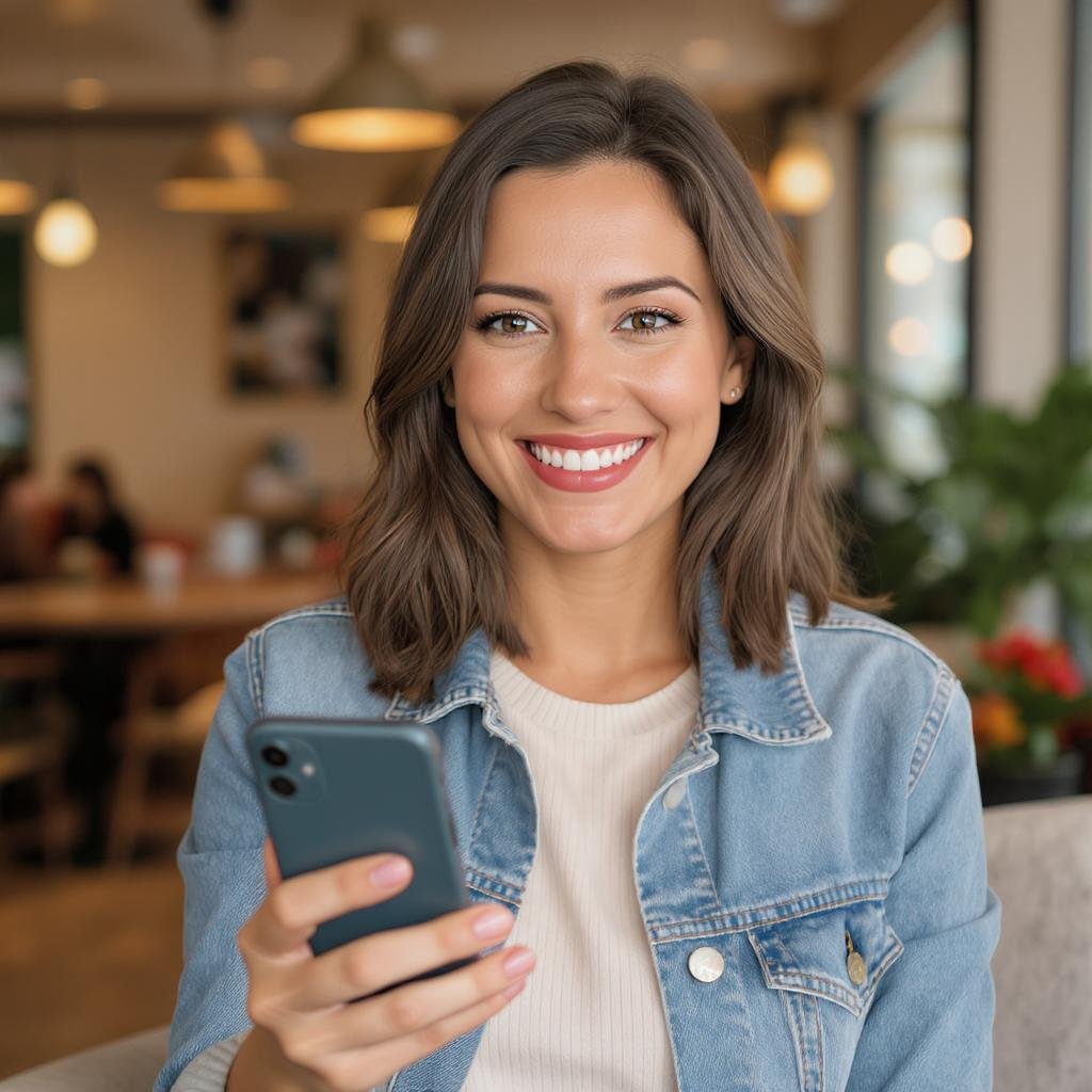 Person smiling while holding a smartphone with a dating app profile visible, illustrating confident online dating tips in action.