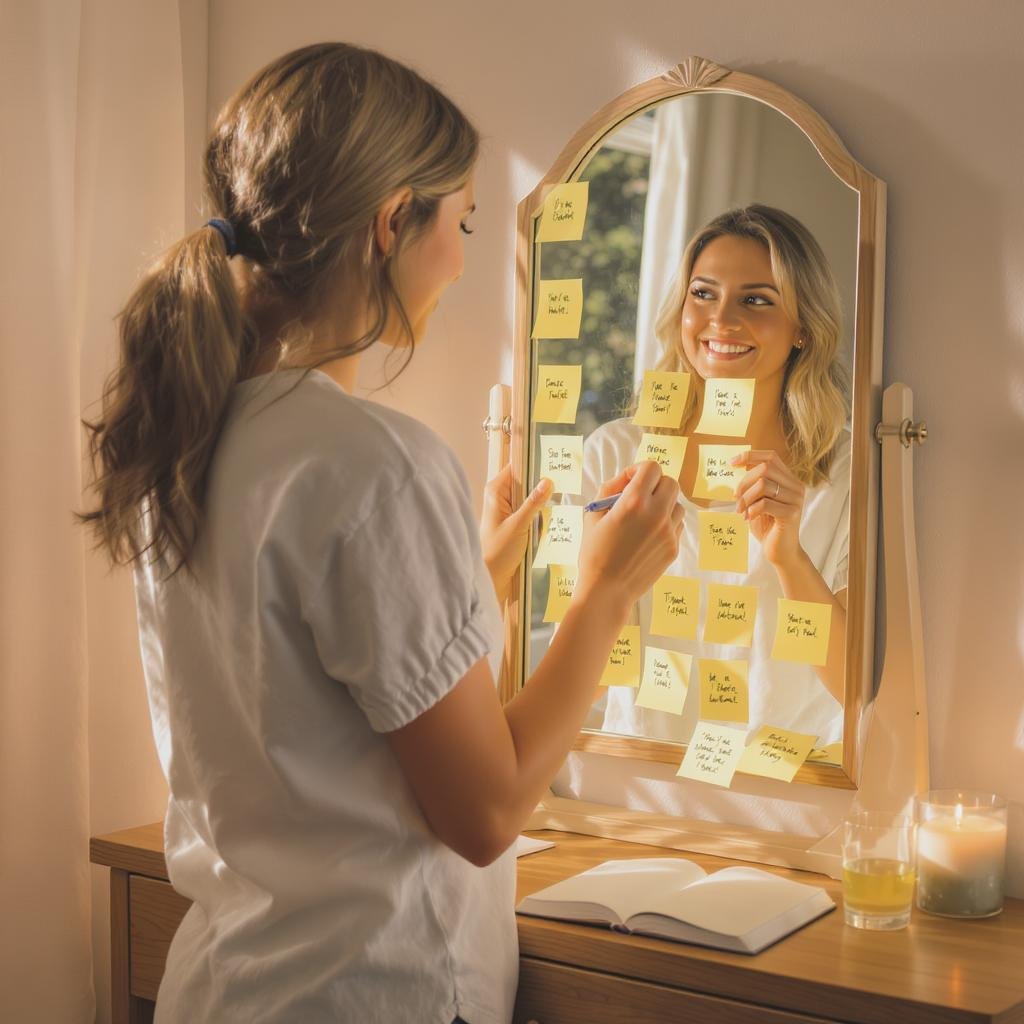Confident woman doing self-worth activities like affirmations and journaling in a cozy, sunlit room