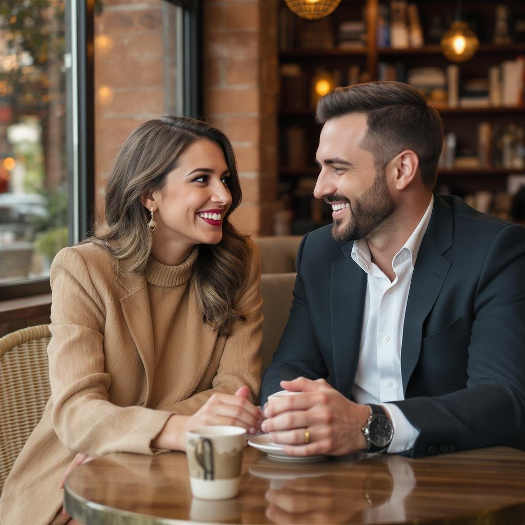 Couple engaged in lively conversation at a cozy café table, illustrating what to talk about on a date with genuine connection.